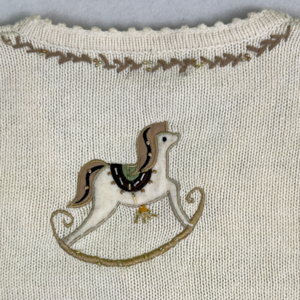 Vintage Christmas Cardigan Hand Embroidered Beaded Rocking Horse Snowman Size L - Picture 3 of 15
